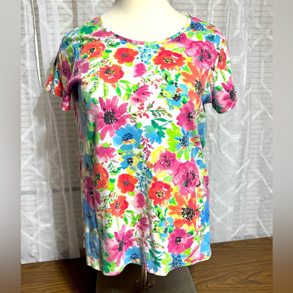 Blair 2X Multicolor Floral Short Sleeve Top Round neck 30”L 25” p2p - Picture 2 of 6